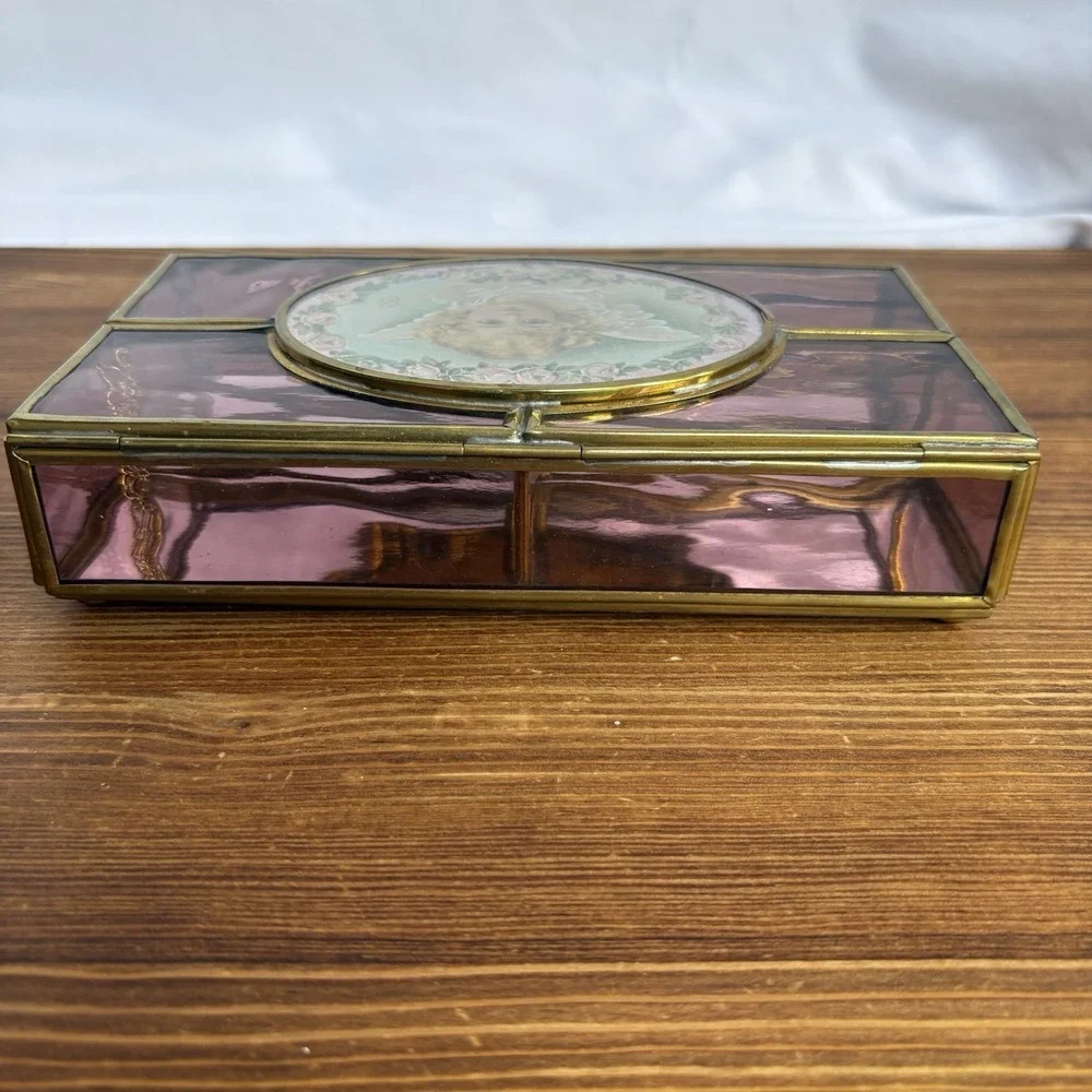 Enesco Amethyst Pink Stained Glass Jewelry Box Cherub Angel Roses Trinket Box